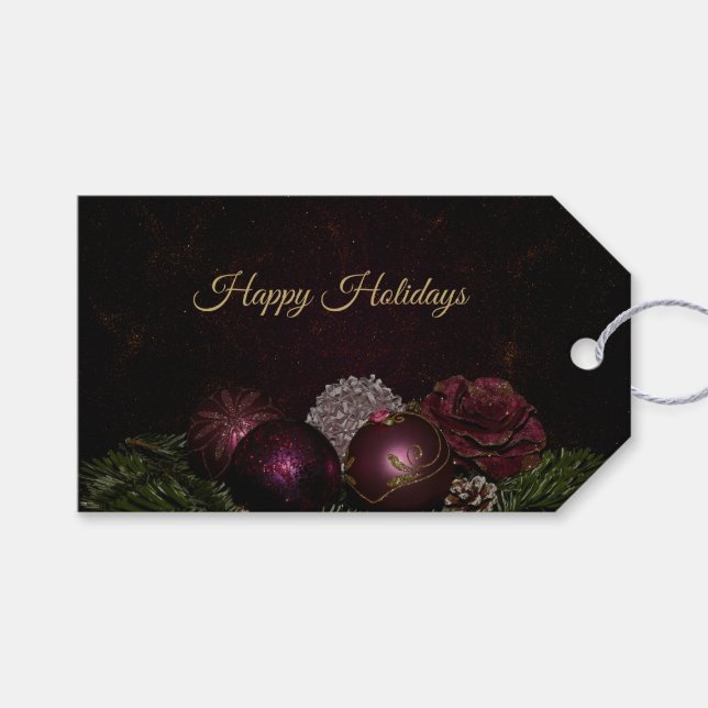 Christmas Party Pink Ornament Green Leaves Black Presentetikett (Framsidan (Horisontell))
