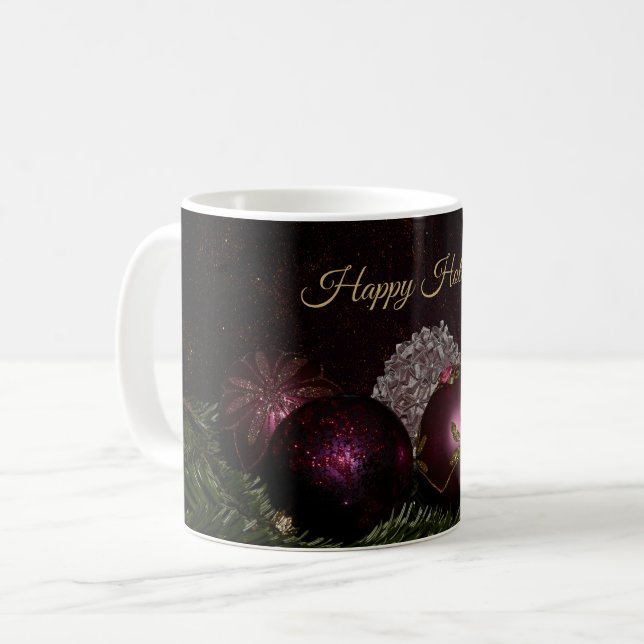 Christmas Party Pink Ornaments Green Leaves Black Kaffemugg (Framsida vänster)