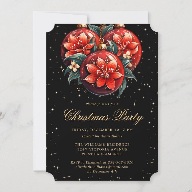 Christmas Party Red Botanical Ornaments Black Inbjudningar (Framsida)