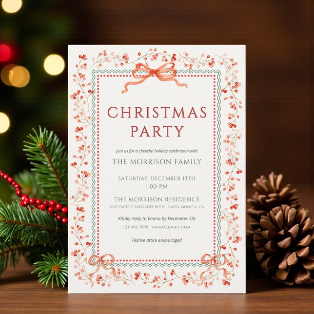 Christmas Party Red Bow Botanical Holiday Inbjudningar (Skapare uppladdad)