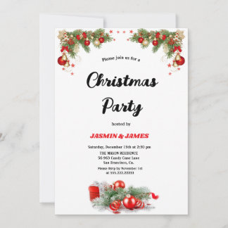 Christmas party red green baubles invitatio inbjudningar