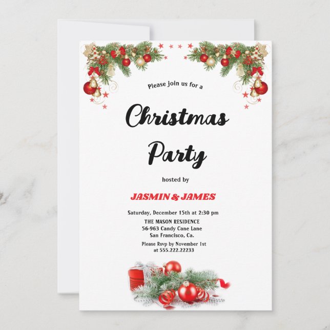 Christmas party red green baubles invitatio inbjudningar (Framsida)