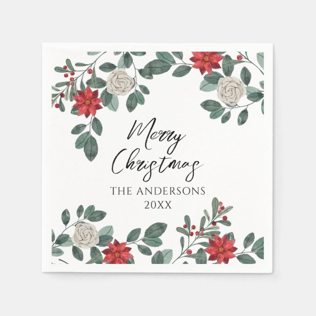 Christmas Party Red Green Floral Pappersservett (Framsidan)