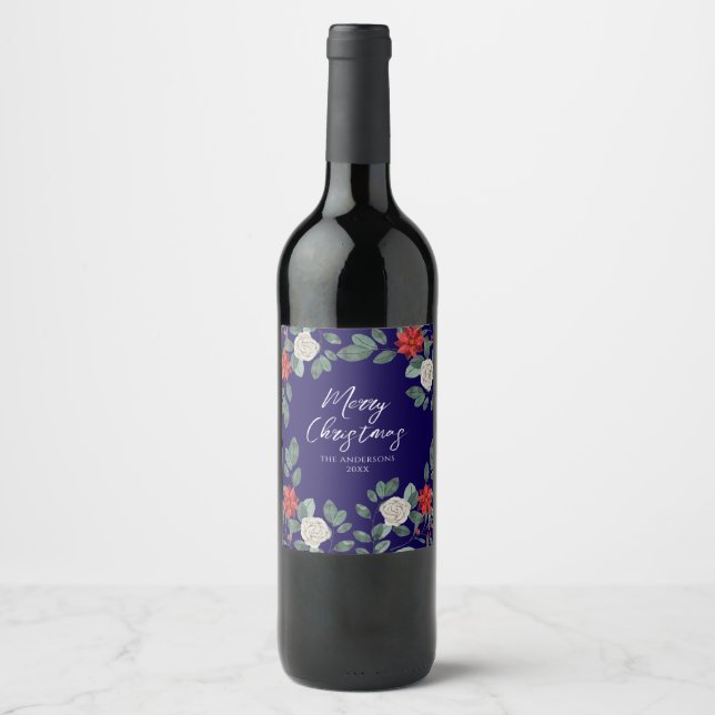Christmas Party Red Green Floral Vinflaska Etikett (Framsida)