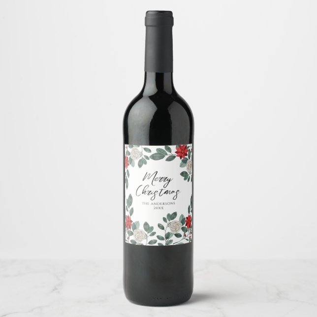 Christmas Party Red Green Floral Vinflaska Etikett (Framsida)