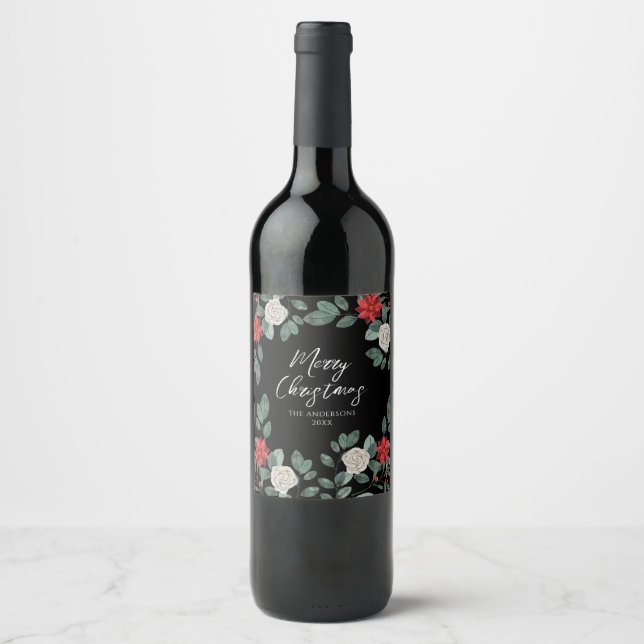 Christmas Party Red Green Floral Vinflaska Etikett (Framsida)