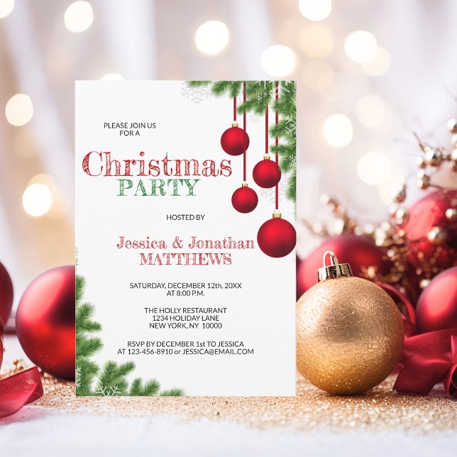 CHRISTMAS PARTY Red Grönt Ornament Gräs Snö Inbjudningar (CHRISTMAS PARTY Red Green Ornament Pine Snow Invitation)