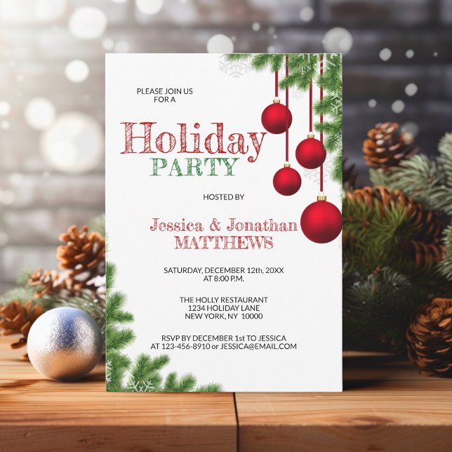 CHRISTMAS PARTY Red Grönt Ornament Gräs Snö Inbjudningar (CHRISTMAS HOLIDAY PARTY Red Green Ornament Pine Snow Invitation)