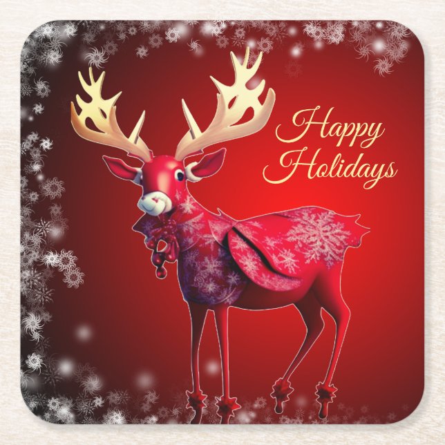 Christmas Party Red Reindeer White Snowflakes Underlägg Papper Kvadrat (Framsidan)