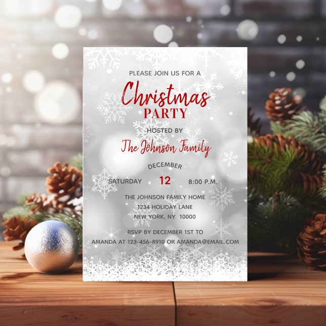 CHRISTMAS PARTY Red Silver Snöflingor Snö Inbjudningar (CHRISTMAS PARTY Red Silver Snowflakes Snow Invitation)