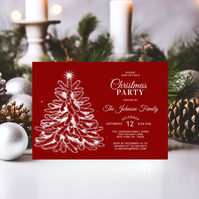 CHRISTMAS PARTY Red White Stars Gräs Träd Inbjudningar (CHRISTMAS PARTY Red White Stars Pine Tree Invitation)