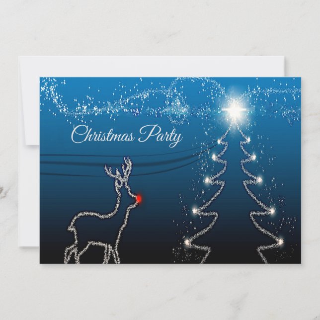 Christmas Party Reindeer Tree Blue Sky Shiny Stars Inbjudningar (Framsida)