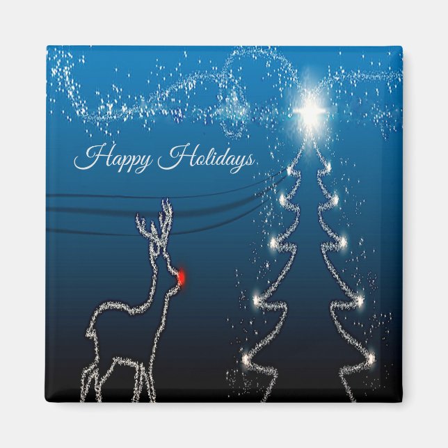 Christmas Party Reindeer Tree Blue Sky Shiny Stars Magnet (Framsidan)