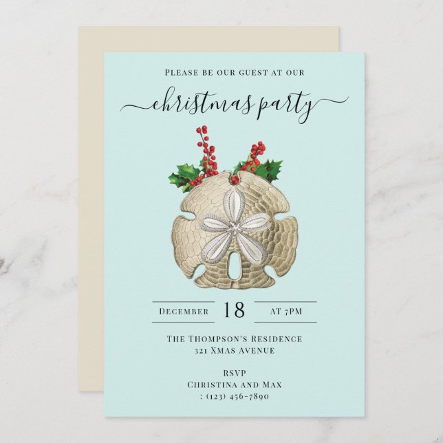 Christmas Party Sand Dollar Holly Berries Coastal  Inbjudningar (Fram/baksida)