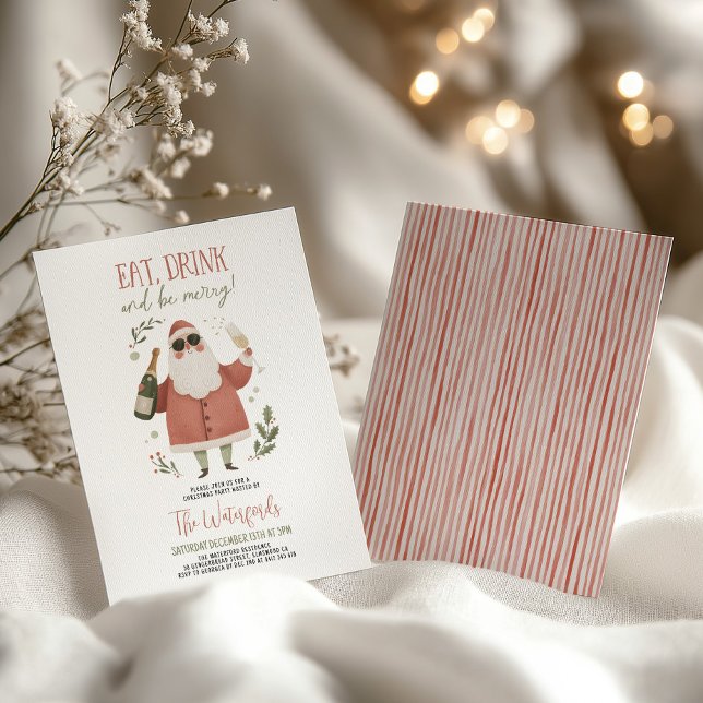 Christmas Party Santa Eat Drink Be Merry  Inbjudningar (Eat Drink and Be Merry! Christmas Invitation with Santa in sunglasses and champagne)