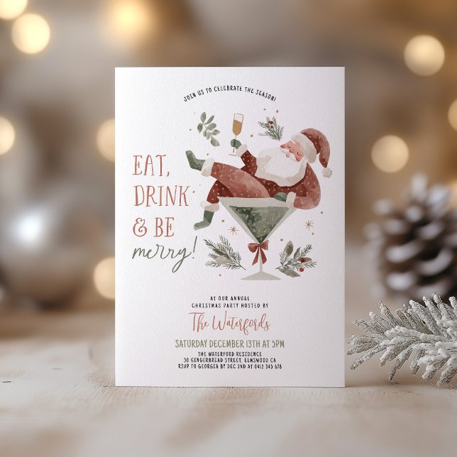 Christmas Party Santa Martini  Inbjudningar (Eat Drink & Be Merry! A fun Christmas Party invite with Santa in a Martini Glass )