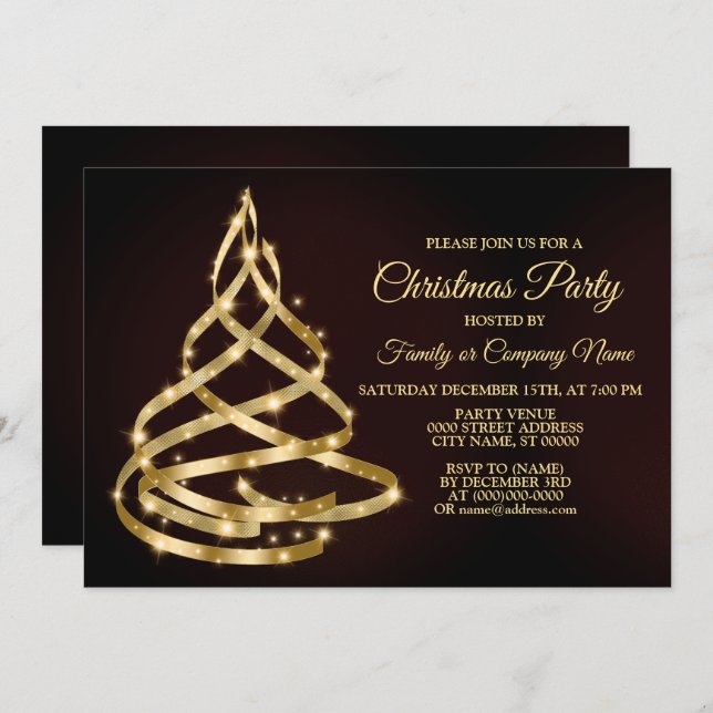 Christmas Party Shiny Golden Ribbon Tree Sparkle Inbjudningar (Fram/baksida)