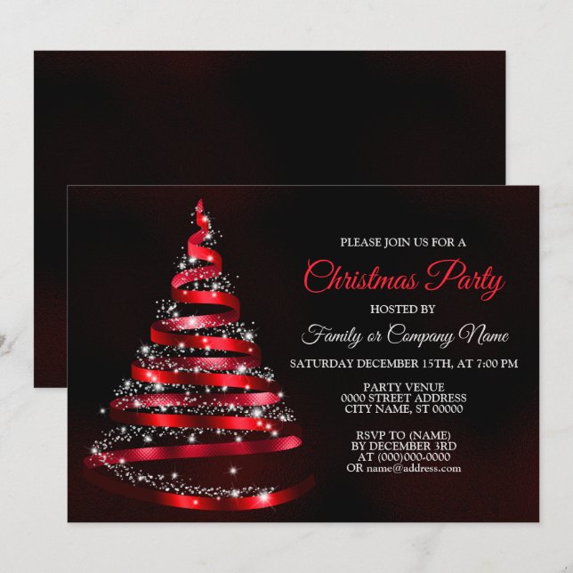 Christmas Party Shiny Red Ribbon Tree Sparkle Inbjudningar (Fram/baksida)