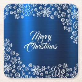 Christmas Party White Snowflakes Navy Blue Underlägg Papper Kvadrat
