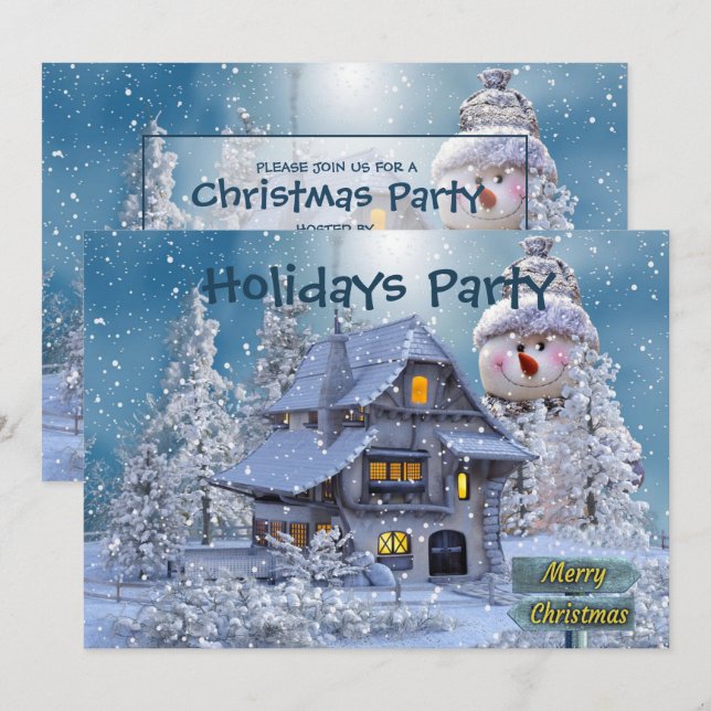 Christmas Party Winter White Snowman Blue Rustic Inbjudningar (Fram/baksida)