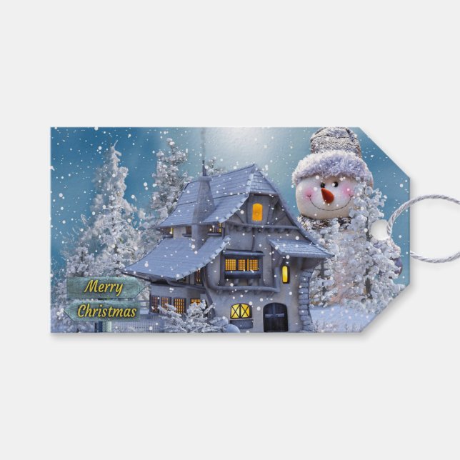 Christmas Party Winter White Snowman Blue Rustic Presentetikett (Framsidan (Horisontell))
