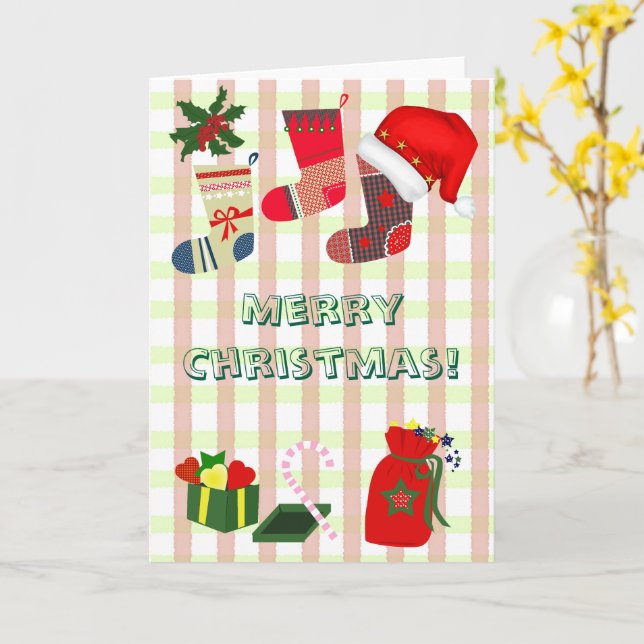 Christmas pastel plaid and cute holiday icons kort (Gul blomma)
