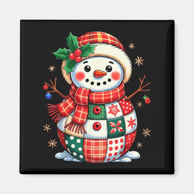 Christmas Patchwork Snowman - Quilted Holiday Aest Magnet (Framsidan)