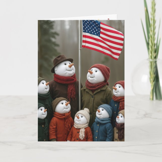Christmas Patriotic Snow Family With American Flag Kort (Framsida)