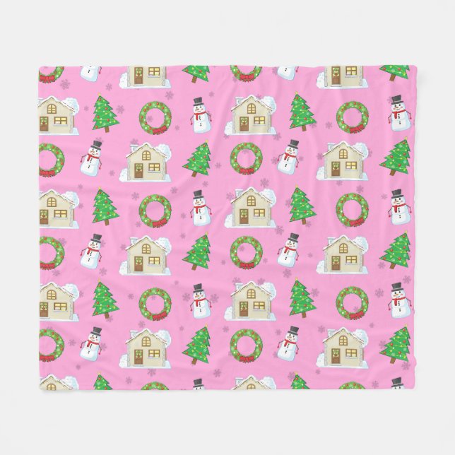 Christmas Pattern - Pink Background  Fleecefilt (Framsidan (Horisontell))