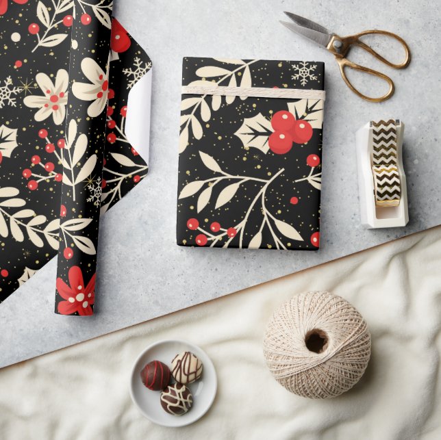 Christmas Pattern Red Holy White Leaves Presentpapper (Hantverk)