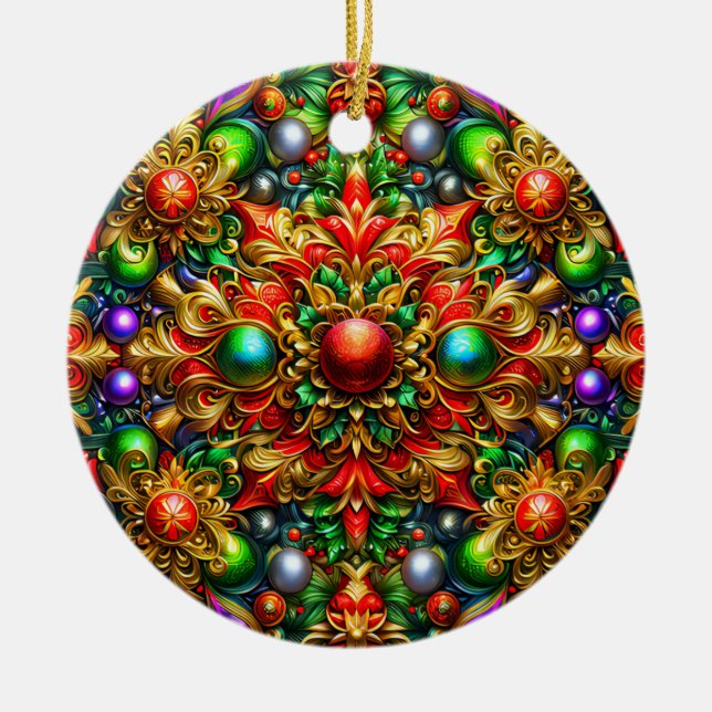CHRISTMAS Pattern Red Purple Gold Green 3D ~ Julgransprydnad Keramik (Framsidan)