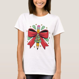 Christmas Pencil with Festive Bow and Tree Design T Shirt