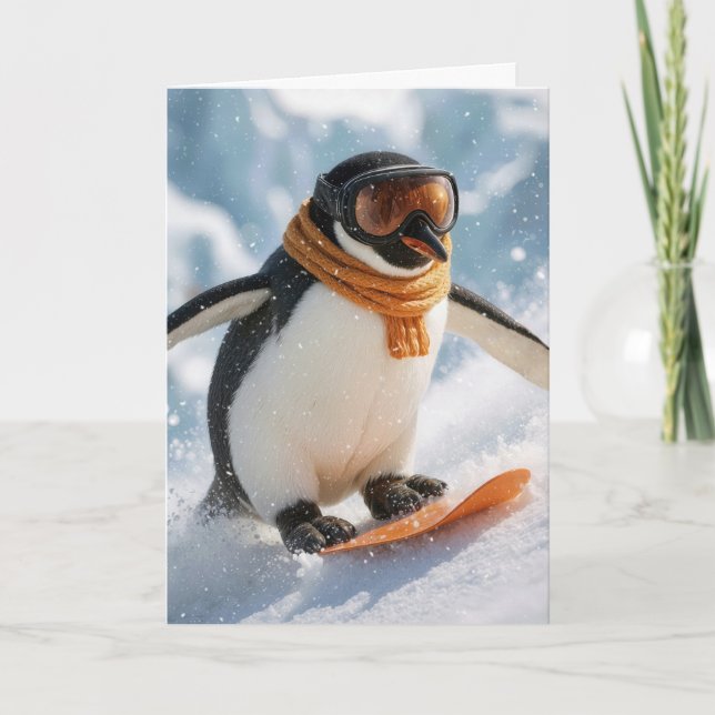Christmas Penguin Snowboarding Downhill Kort (Framsida)