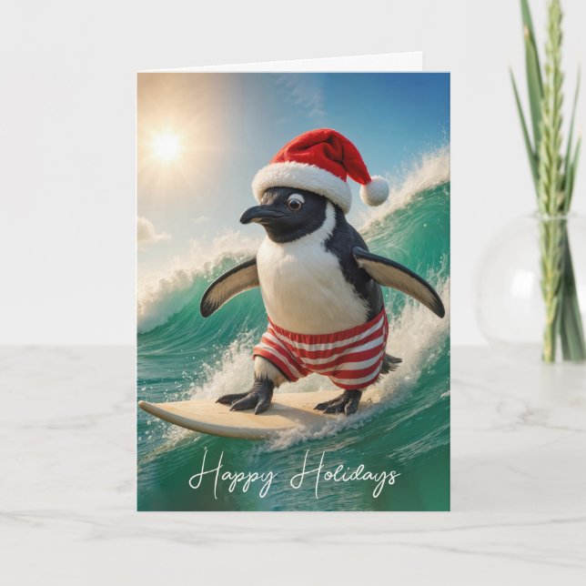 Christmas Penguin Surfing On a Wave Helgkort (Framsida)