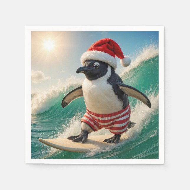Christmas Penguin Surfing On an Ocean Wave Pappersservett (Framsidan)