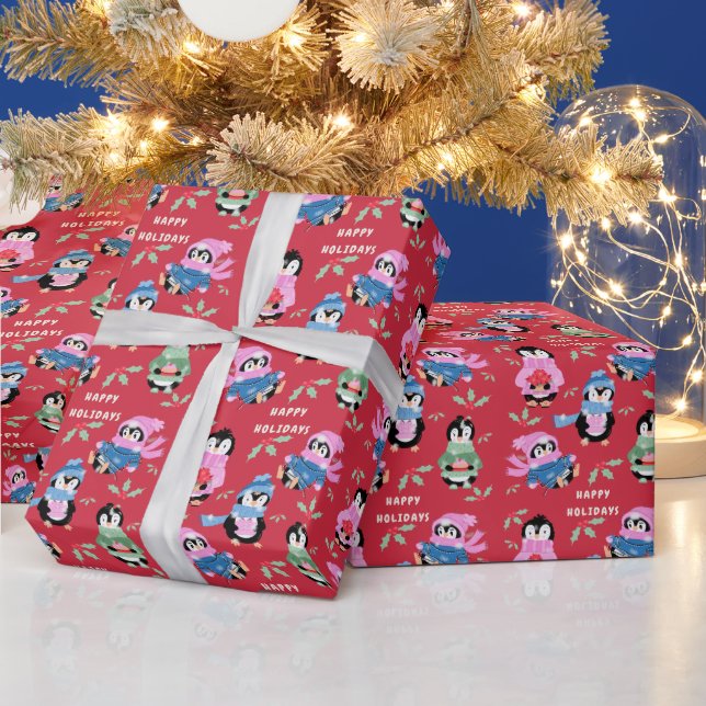 Christmas Penguins Crew Red Holiday Wrapping Paper Presentpapper (Helgdagar)