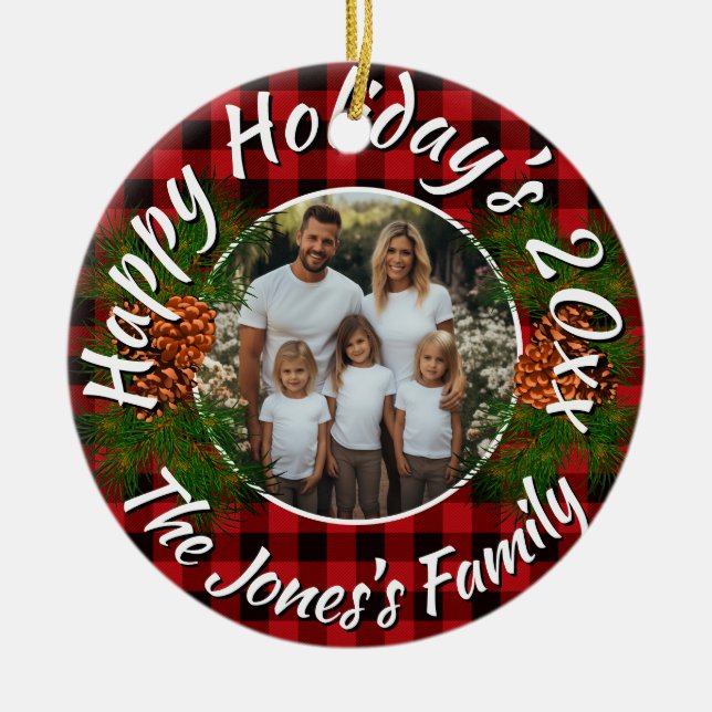 Christmas personalized photo red plaid pinecones julgransprydnad keramik (Framsidan)