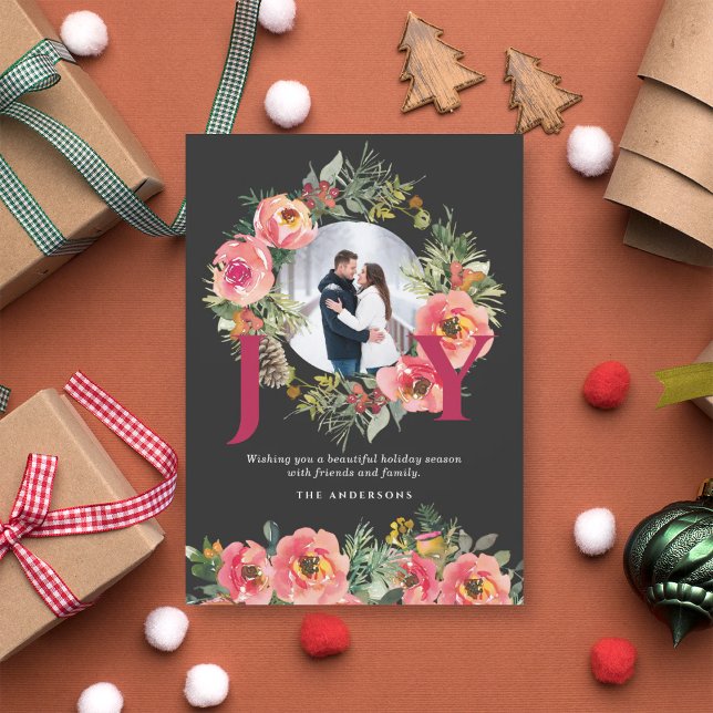 Christmas Photo Black Joy Floral Wreath Botanical  Julkort (Skapare uppladdad)