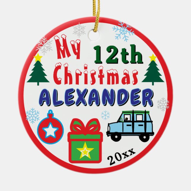Christmas PHOTO Blue Car Boy Age Name Julgransprydnad Keramik (Framsidan)