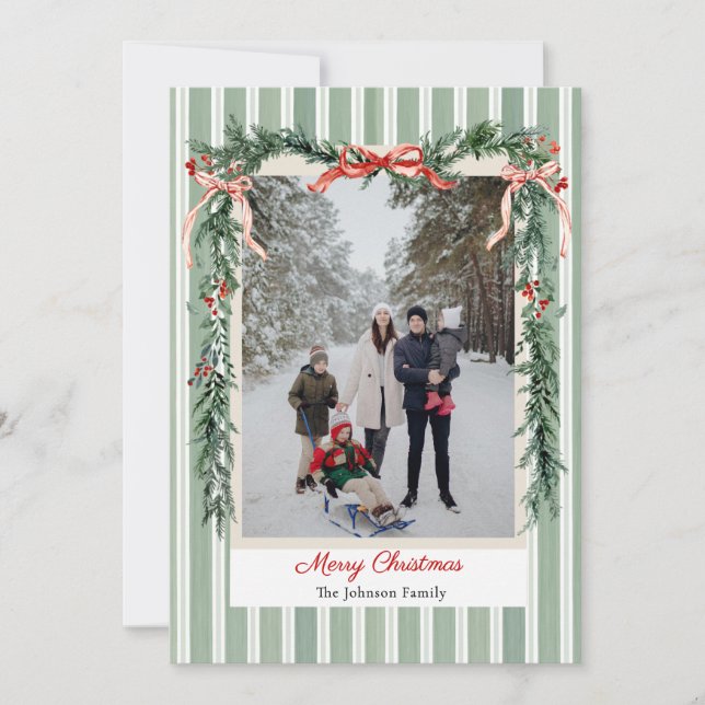 Christmas Photo Card Green Stripes Pine Garland Julkort (Framsida)