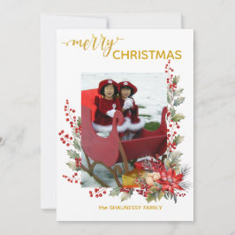 Christmas Photo Card Holly Berries & Pointsettias Tack Kort