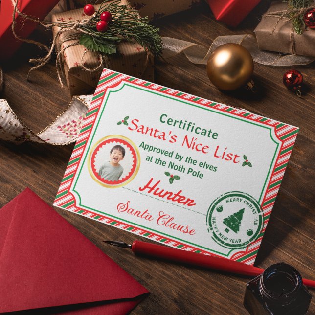 Christmas Photo Certificate Santa Nice List Kort (Skapare uppladdad)