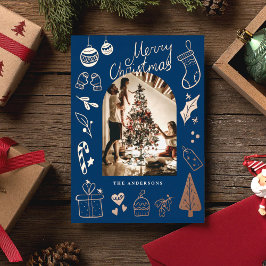 Christmas Photo Hand Drawn Blue Holiday Foil Card