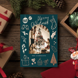 Christmas Photo Hand Drawn Green Holiday Foil Card