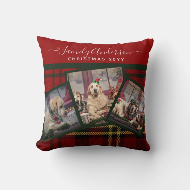 CHRISTMAS PHOTO PILLOW - Red Tartan Collage Kudde (Framsida)