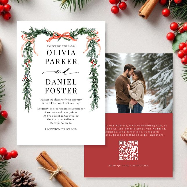 Christmas Photo QR Code Watercolor Red Bow Wedding Inbjudningar (Skapare uppladdad)