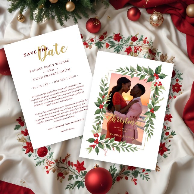 Christmas Photo Wedding Leaves & Red Berries Spara Datumet (Decorative Christmas Photo Frame with Green Leaves & Red Berries Christmas Card.)