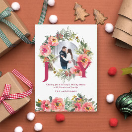 Christmas Photo White Joy Floral Wreath Botanical  Julkort