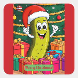Christmas Pickle Cartoon Character Presents Fyrkantigt Klistermärke