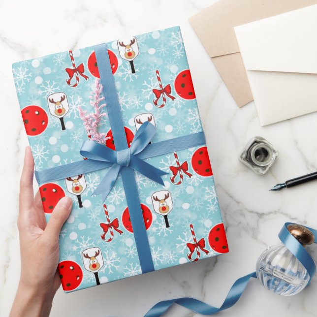 Christmas Pickleball Paddle Joy Snowflakes on Blue Presentpapper (Gifting)